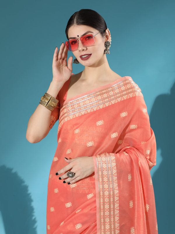 Vishnu Weaves Women s Orange Lucknowi Cotton Chikankari Woven Saree with Blouse on Sale