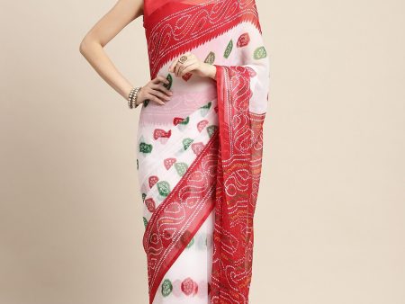 Saree Mall White & Red Printed Bandhani Sarees Hot on Sale