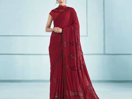 Red Lycra Sequence Embroidery Saree with Unstitched Blouse Piece - Norita Elaura on Sale