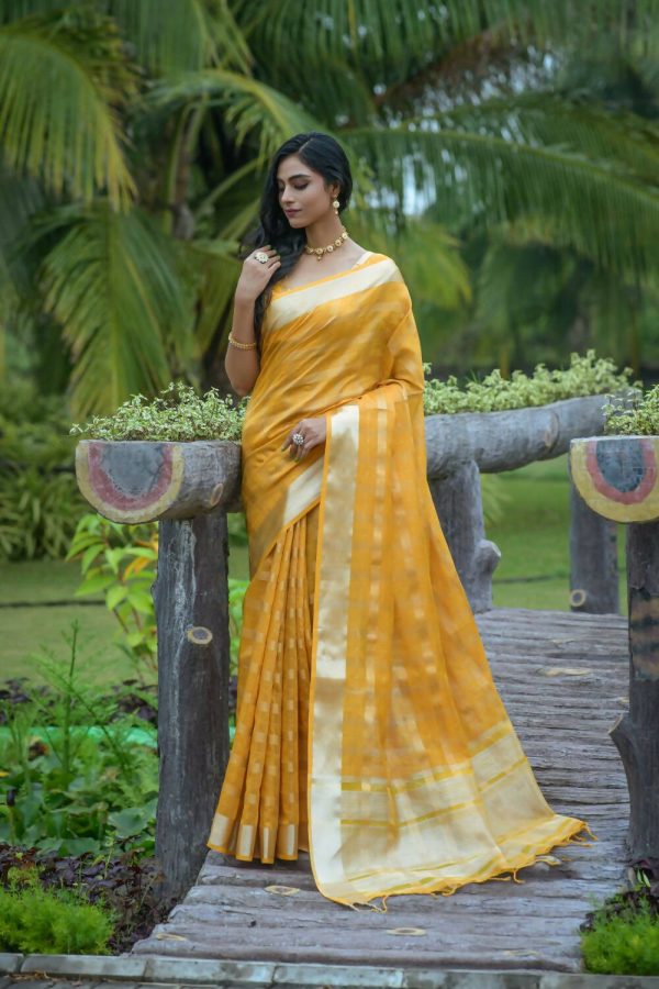 Vishnu Weaves Women s Yellow Organza Silk Zari Woven Saree with Blouse Online now