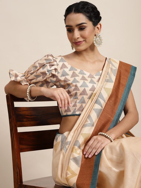 Saree Mall Beige & Brown Geometric Printed Taant Sarees Online