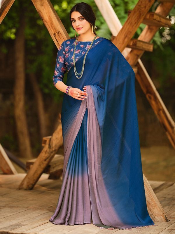 Saree Mall Blue & Mauve Ombre Dyed Sarees Cheap