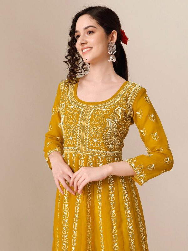 HERE&NOW Ethnic Motifs Embroidered Chikankari Georgette Anarkali Kurta Sale