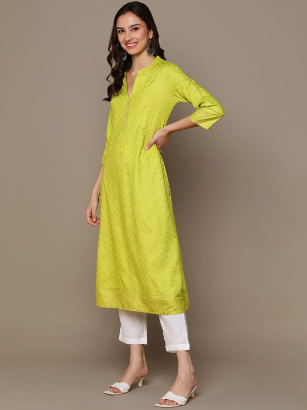 HERE&NOW Lime Green & White Chevron Printed A-Line Kurta with Trousers & Dupatta Hot on Sale