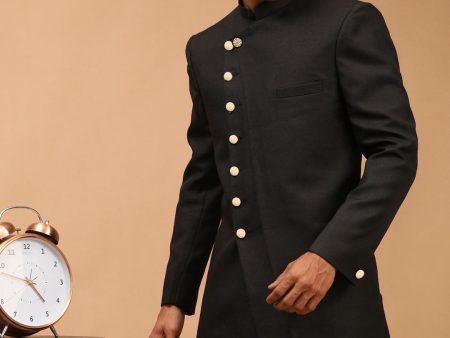 Shrestha by Vastramay Men s Black Cotton Blend Sherwani Only Top Online now