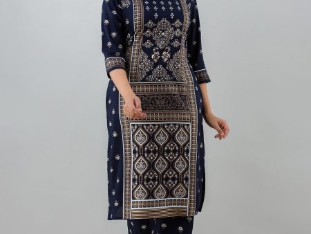 HERE&NOW Navy Blue Ethnic Motifs Printed Kurta with Trousers Hot on Sale