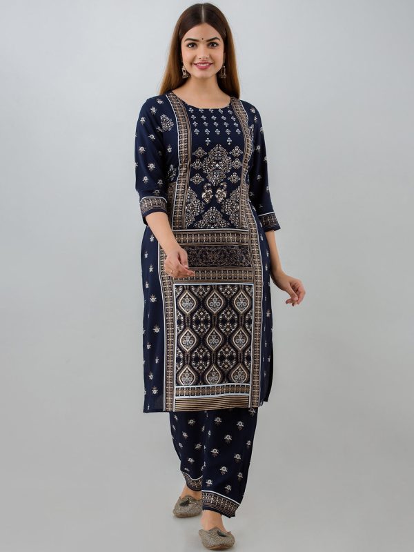 HERE&NOW Navy Blue Ethnic Motifs Printed Kurta with Trousers Hot on Sale