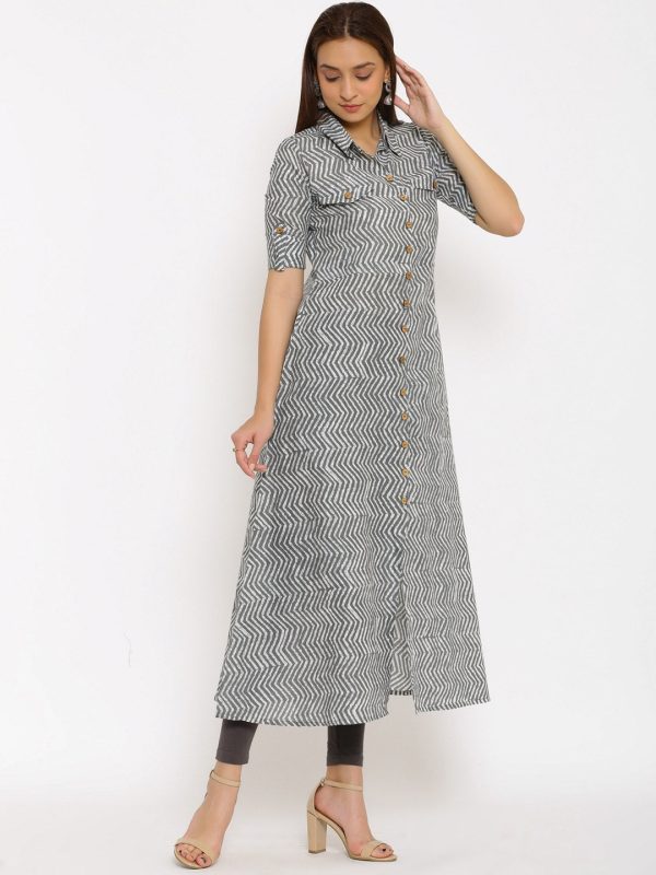 HERE&NOW Grey Shirt Collar Chevron Printed Roll Up Sleeves A-Line Kurta Hot on Sale