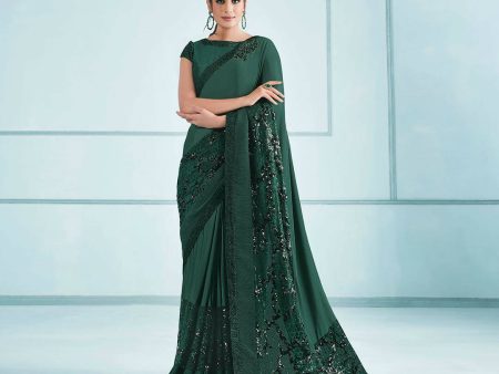 Green Lycra sequence Saree with Unstitched Blouse Piece - Norita Elaura Online now