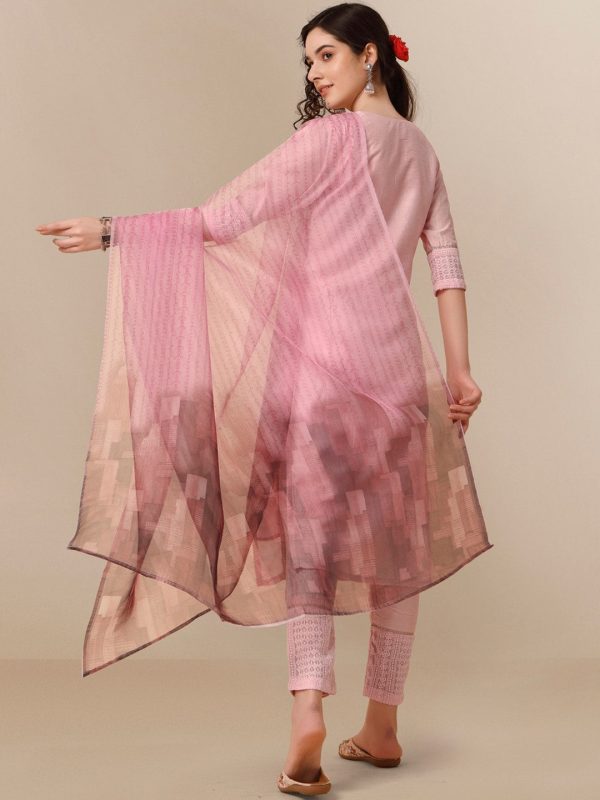 HERE&NOW Lucknowi Chikankari Schiffli Chanderi Silk Kurta Trousers with Organza Dupatta Sale