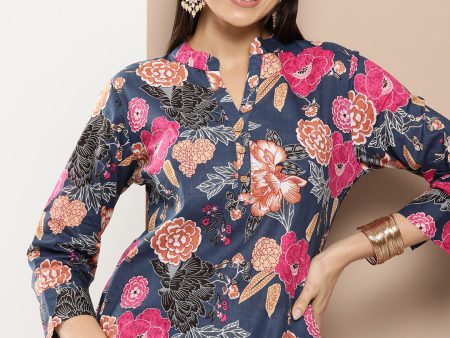 Women s Blue Floral Print Kurta With Blue Floral Print Trousers - Bhama Sale