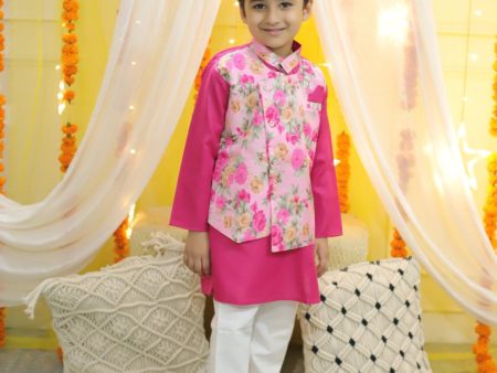 NOZ2TOZ Kids Boys Ethnic Attached Floral printed Jacket Cotton Kurta Pajama - Pink Fashion