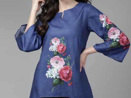 Women s Blue & Pink Printed High-Low Tunic - Bhama Online now