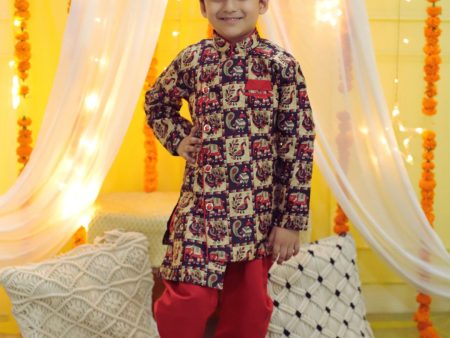 NOZ2TOZ Kids Boys Ethnic Mor Print Full Sleeve Sherwani with Salwar - Black Sale