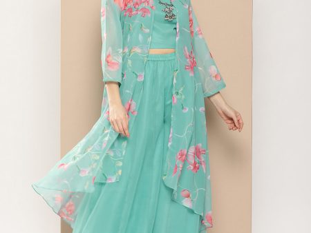 Women s Blue Floral Print Cape & Inner Plain Short Spaghetti With Flared Palazzos. - Bhama Discount