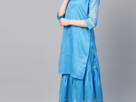 Women s Blue & Golden Block Print Kurta with Sharara - Bhama Online Sale