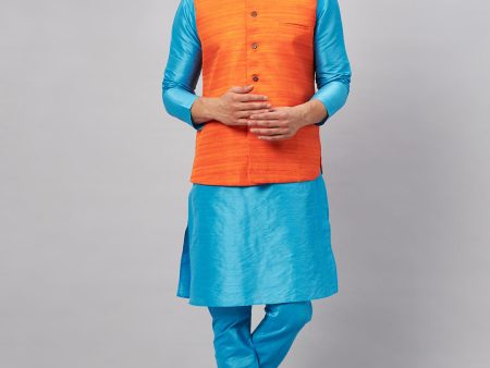 VM by Vastramay Men s Aqua And Orange Silk Blend Jacket, Kurta And Pyjama Set Cheap