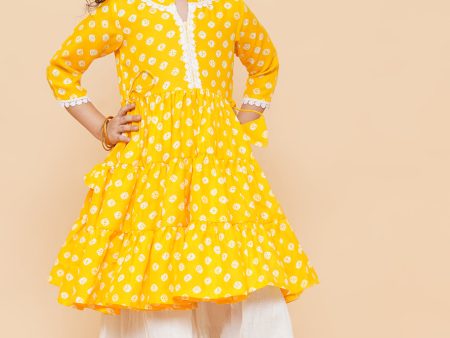 Yellow Bhandhej Printed Kurta And Sharara for Kids - Bhama Cheap