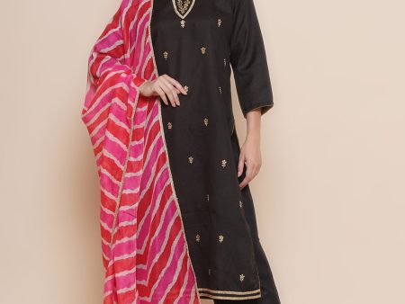 Women s Black & Beige Embroidered Lace Work Kurta with Solid Palazzos & Leheriya Printed dupatta - Bhama Sale