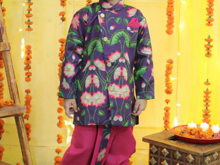 NOZ2TOZ Kids Boys Ethnic Festive Floral Printed Full Sleeve Sherwani with Cotton Dhoti - Purple on Sale