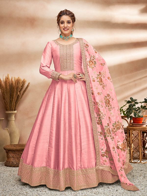 Myra Baby Pink Art Silk Embroidered Anarkali Suit Discount