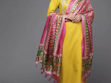 Varanga Women Mustard Yellow Yoke Design Mirror Work Cotton Kurta With Trousers & Dupatta Sale