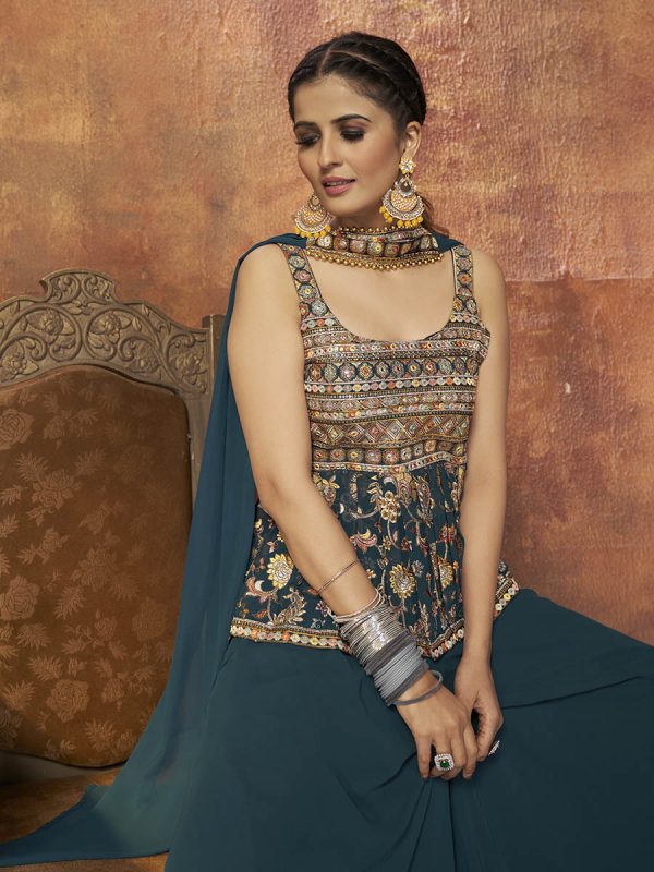 Myra Aequa Blue Georgette Embroidered Designer Suit Online