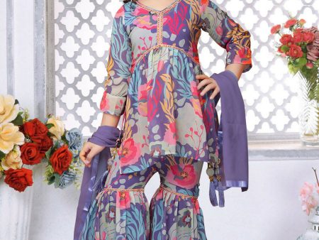 Kids Functional Designer Multi Faux Georgette Sharara Suit - Aaradhna For Sale