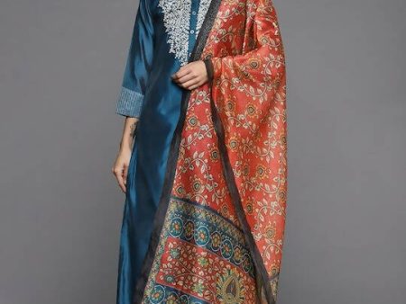 Varanga Women Teal Blue & Silver Zari Yoke Straight Kurta with Trousers & With Dupatta Online Hot Sale