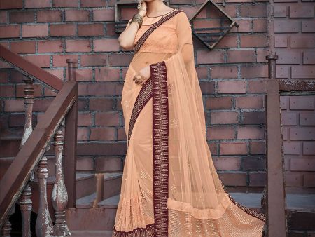 Peach Colored Net Embroidered Saree With Blouse - Norita Royal Adveka Supply