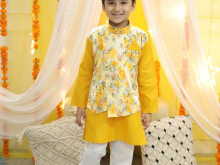 NOZ2TOZ Kids Boys Ethnic Attached Floral printed Jacket Cotton Kurta Pajama - Yellow Hot on Sale