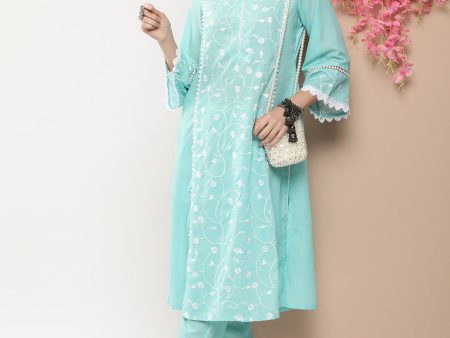 Women s Blue Embroidered Straight Kurta With Lace Details With Blue Solid Palazzos - Bhama For Sale