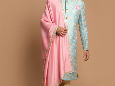 Vastramay Men s Aqua, Pink And Gold Silk Blend Sherwani Set Cheap