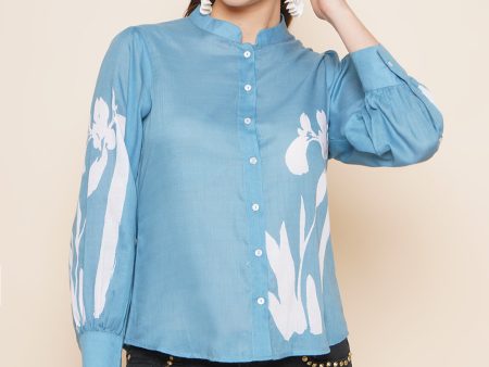 Women s Blue Printed Shirt Style Top - Bhama Sale