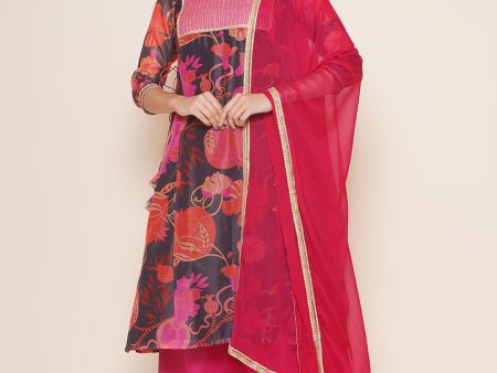 Women s Black Pink Floral Printed A-Line Yoke Embroidered Kurta & Pink Solid Plazzos With Dupatta - Bhama Online Sale