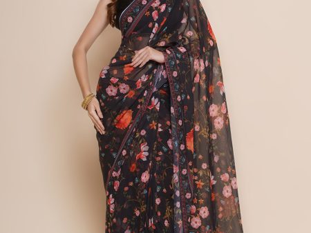 Women s Black Floral Printed Georgette Sarees - Bhama For Discount