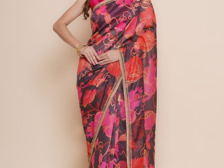 Women s Black Multi Floral Printed Chanderi Sarees with Embellished border - Bhama Discount