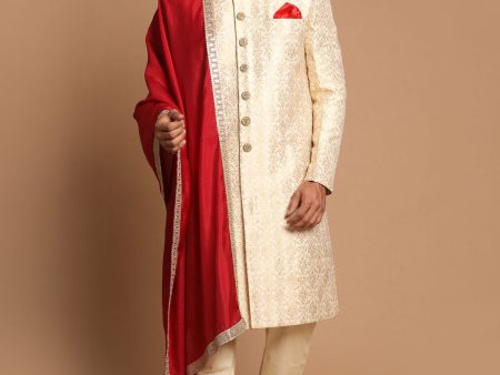 Vastramay Men s Beige And Gold Silk Blend Sherwani Set Cheap