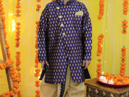 NOZ2TOZ Kids Boys Ethnic Festive Wear Jacquard Full Sleeve Sherwani with Dhoti - Blue For Sale