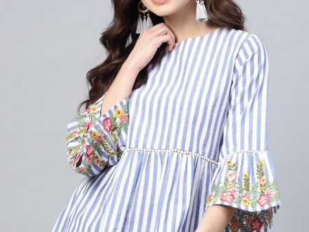 Women s Blue & White Striped A-Line Pure Cotton Top - Bhama Fashion