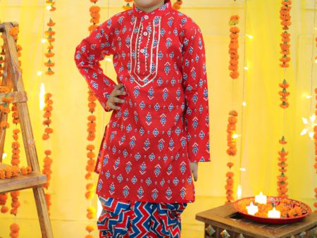 NOZ2TOZ Kids Boys Ethnic Festive Wear Pure Cotton Full Sleeve Dhoti Kurta - Red Discount