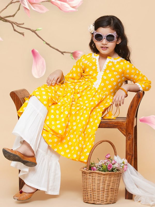 Yellow Bhandhej Printed Kurta And Sharara for Kids - Bhama Cheap