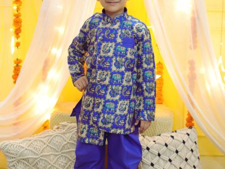 NOZ2TOZ Kids Boys Ethnic Mor Print Full Sleeve Sherwani with Salwar - Blue Discount