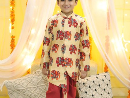 NOZ2TOZ Kids Boys Ethnic Hathi Print Full Sleeve Sherwani - Red Online Sale