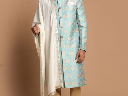 Vastramay Men s Aqua And Gold Silk Blend Sherwani Set Hot on Sale