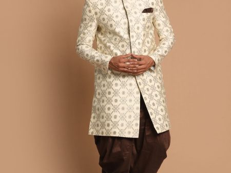 Vastramay Men s Beige And Coffee Brown Silk Blend Sherwani Set For Cheap