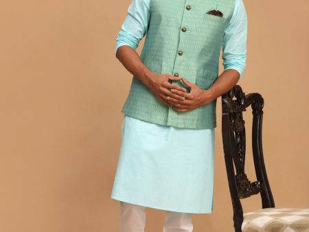 Vastramay Men s Aqua, Green And White Cotton Blend Jacket, Kurta And Pyjama Set Online Hot Sale