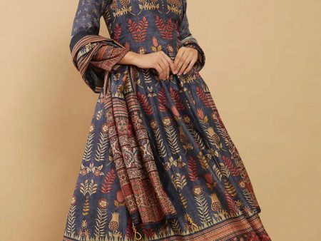 Women s Partywear Designer Blue Soft Dola Silk Anarkali suit with Dupatta - Kalishta Supply