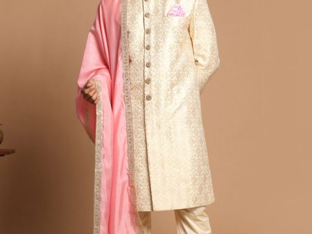 Vastramay Men s Beige And Gold Silk Blend Sherwani Set Cheap