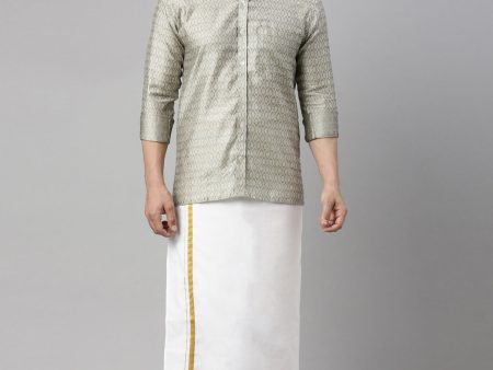 Vastramay Men s Beige Silk Blend Ethnic Shirt And Mundu Set Online Hot Sale